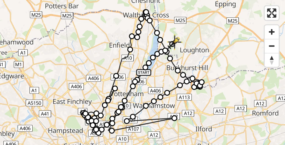 Flight route Police Helicopter Enfield - Metropolitan Police Air Support Unit Lippitts Hill, 09 May 2026, 15:42