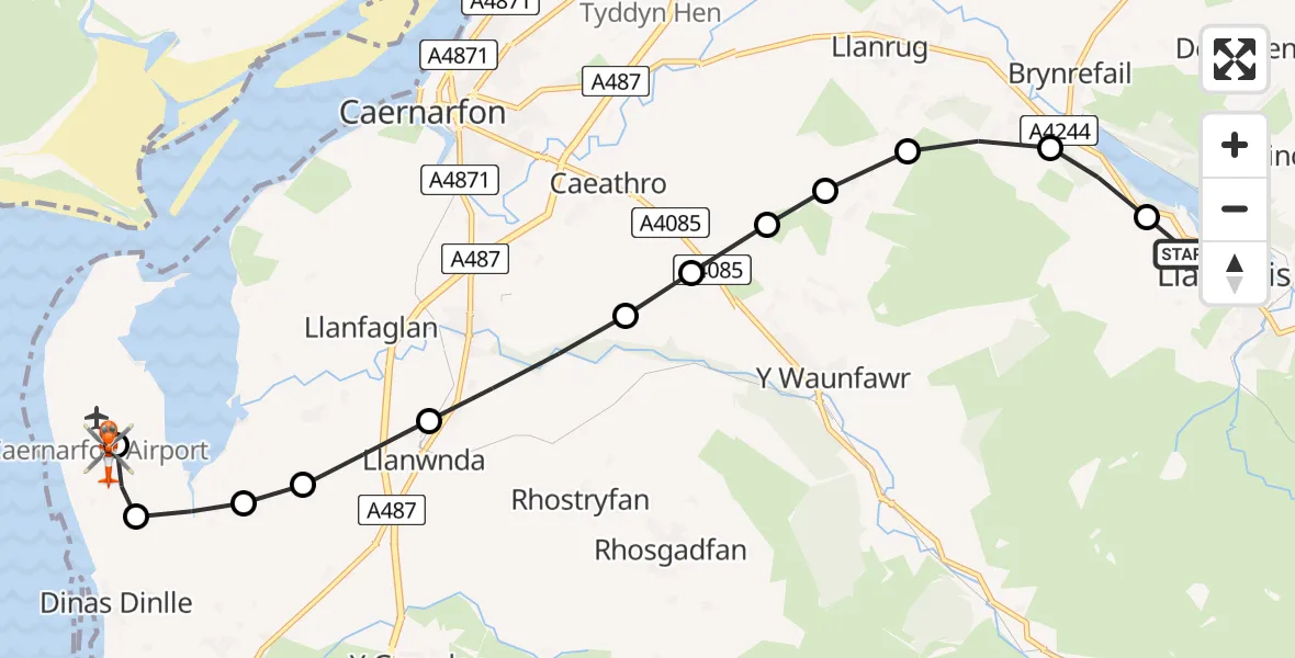 Flight route Coastguard Helicopter Llanberis - Caernarfon Airport, 09 May 2026, 15:44