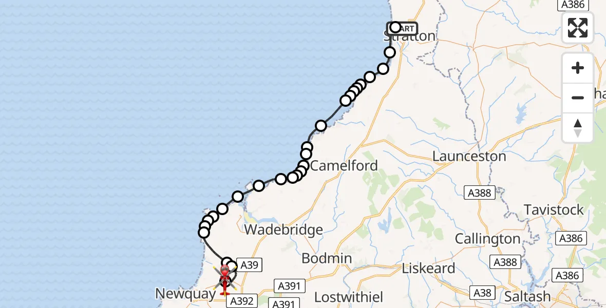 Flight route Air Ambulance Helicopter Poughill - Cornwall Airport Newquay, 09 May 2026, 15:49