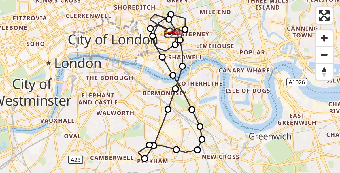 Flight route Air Ambulance Helicopter Royal London Hospital - Royal London Hospital, 09 May 2026, 15:58