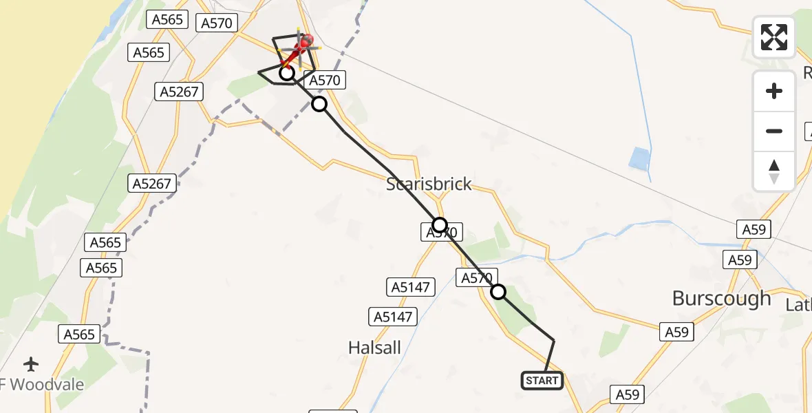 Flight route Air Ambulance Helicopter Ormskirk - Southport, 09 May 2026, 16:01