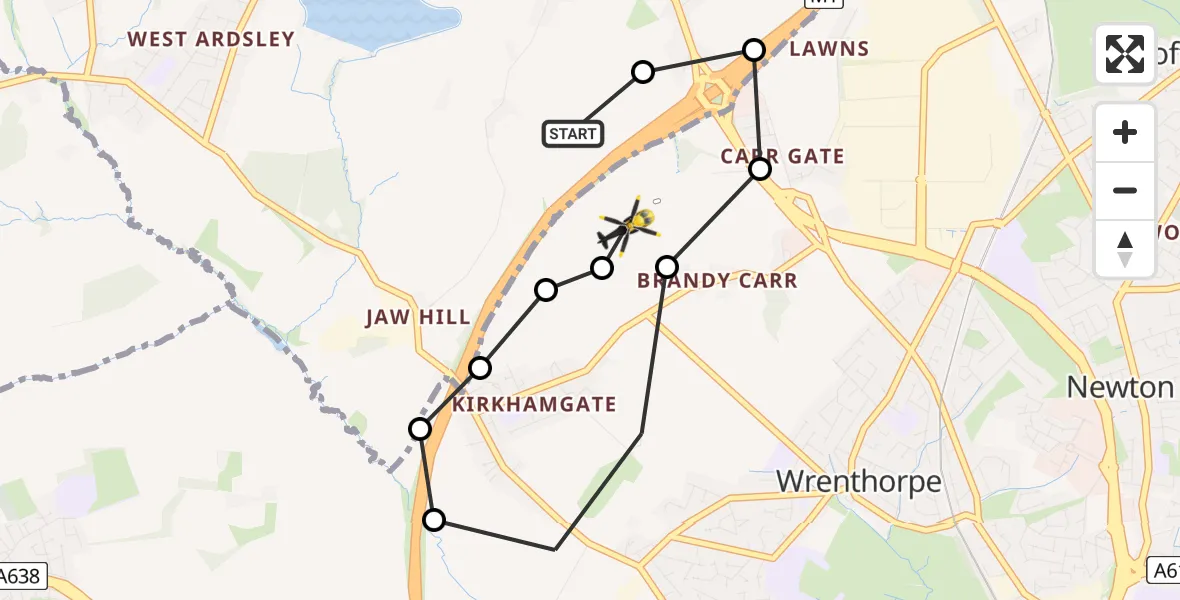 Flight route Police Helicopter East Ardsley - Wrenthorpe, 09 May 2026, 16:03