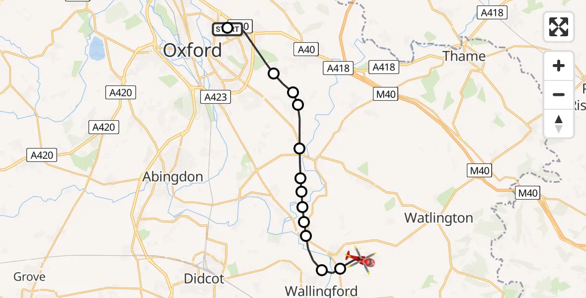 Flight route Air Ambulance Helicopter John Radcliffe Hospital - RAF Benson, 09 May 2026, 16:08