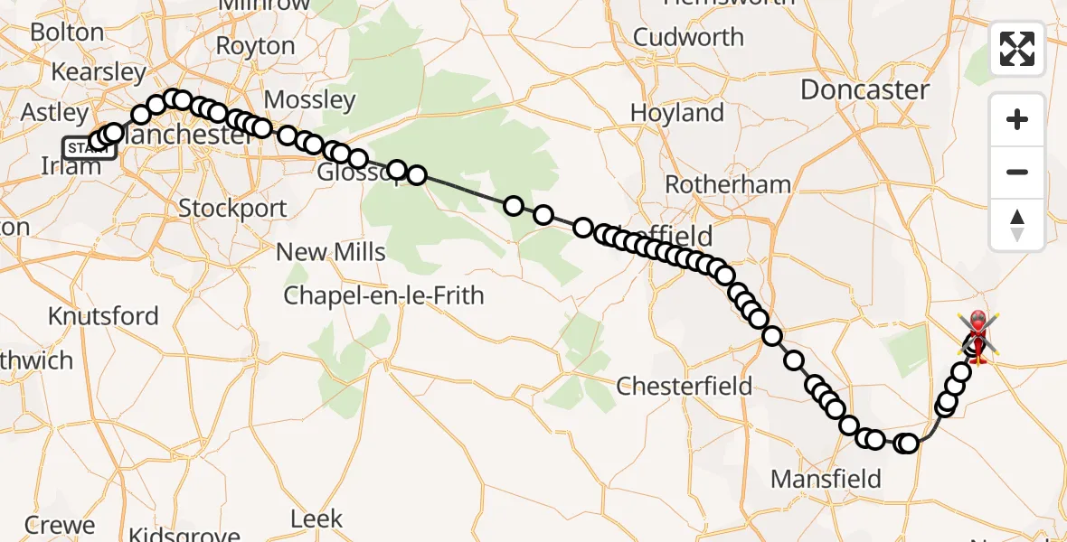Flight route Air Ambulance Helicopter Manchester Barton Aerodrome - Retford Gamston Airport, 09 May 2026, 16:30