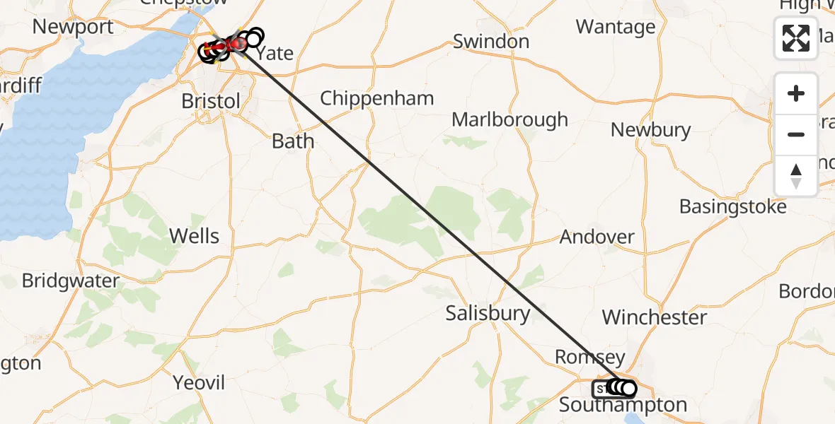 Flight route Air Ambulance Helicopter University Hospital Southampton - Almondsbury Helicopter Base, 09 May 2026, 16:32