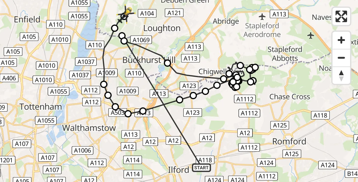 Flight route Police Helicopter Seven Kings - Metropolitan Police Air Support Unit Lippitts Hill, 09 May 2026, 16:51