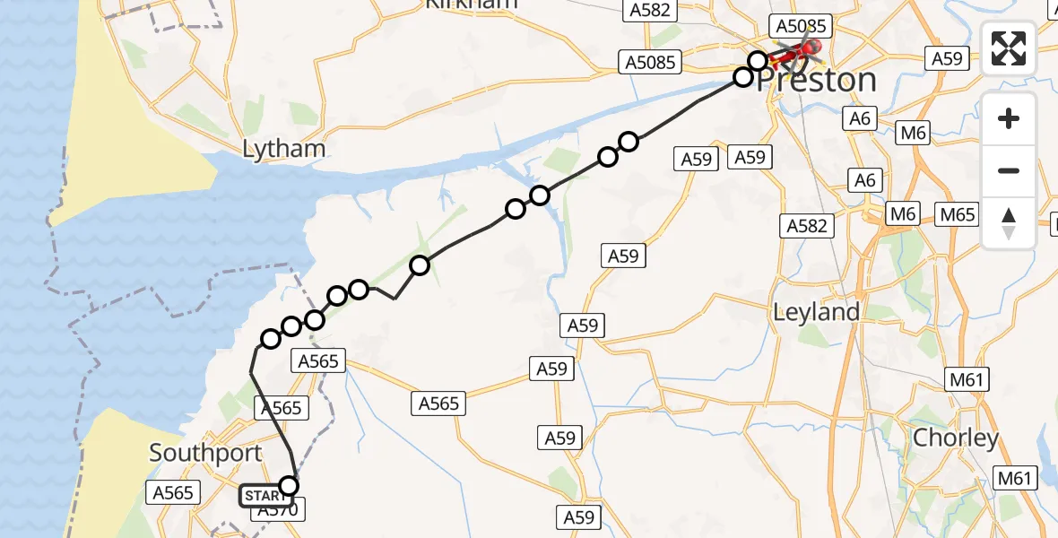Flight route Air Ambulance Helicopter Southport - Preston, 09 May 2026, 16:53