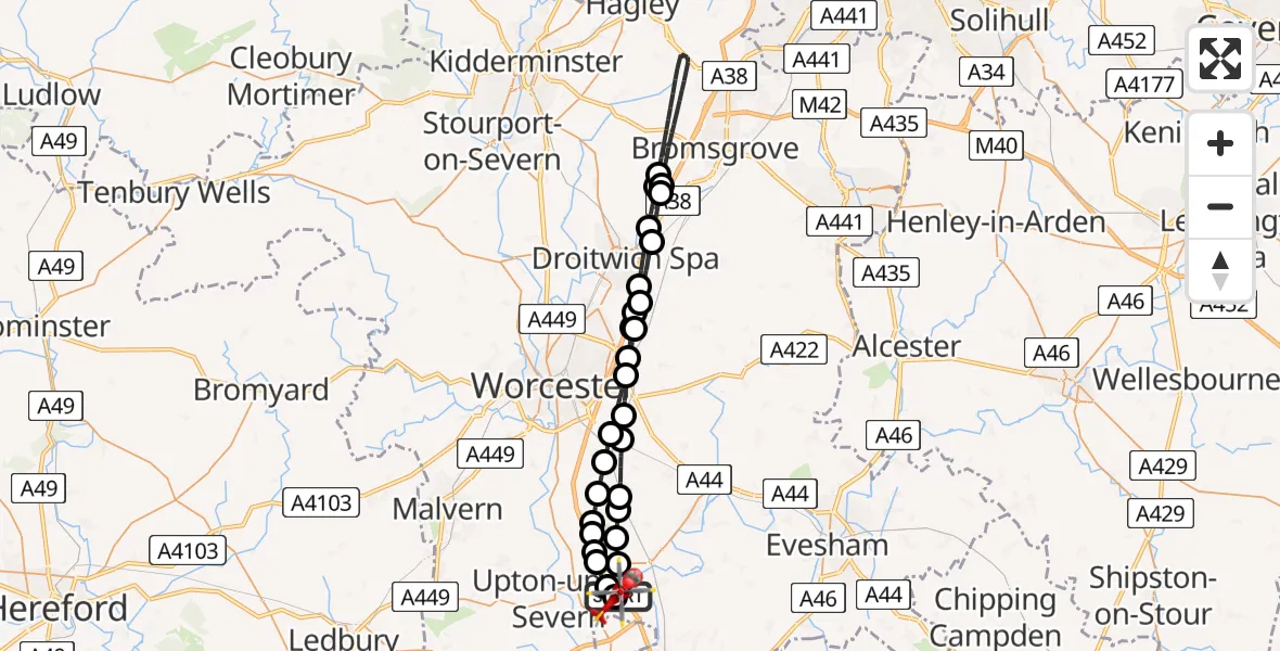 Flight route Air Ambulance Helicopter Hill Croome - Upper Strensham, 09 May 2026, 16:59