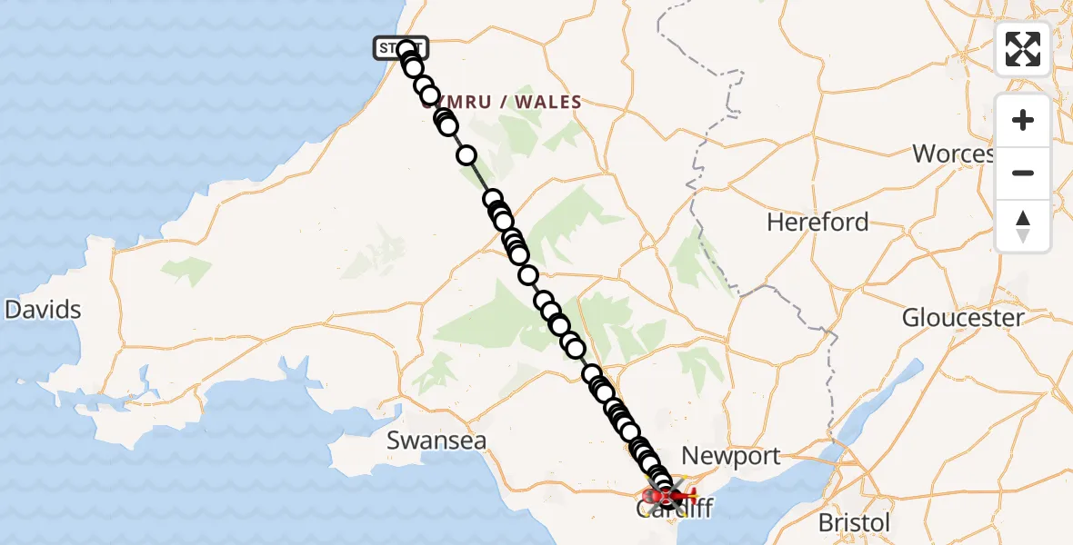 Flight route Air Ambulance Helicopter Penparcau - Mynachdy, 09 May 2026, 17:00