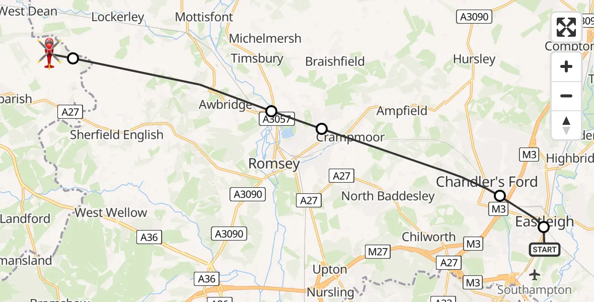 Flight route Air Ambulance Helicopter Southampton Airport - Whiteparish, 09 May 2026, 17:17