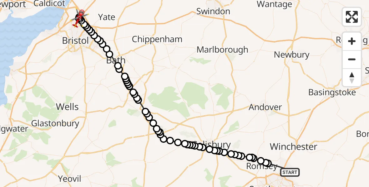 Flight route Air Ambulance Helicopter Eastleigh - Bristol, 09 May 2026, 17:17