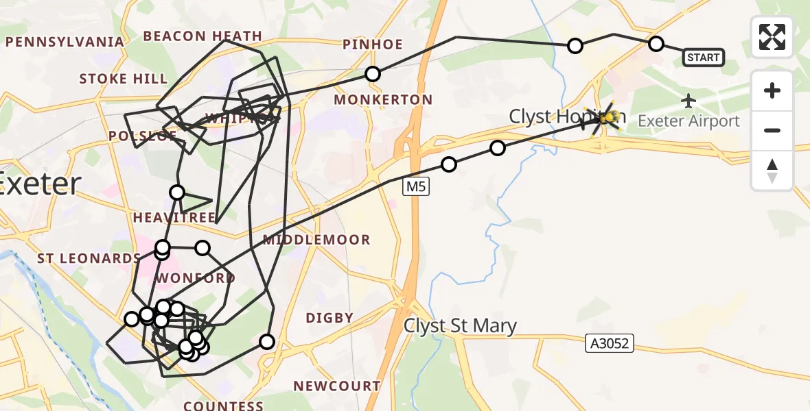Flight route Police Helicopter Exeter International Airport - Clyst Honiton, 09 May 2026, 17:21