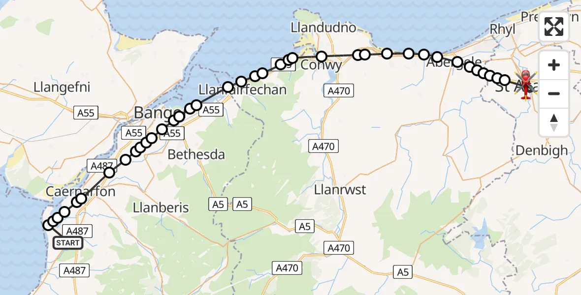 Flight route Air Ambulance Helicopter Y Groeslon - St Asaph, 09 May 2026, 17:24