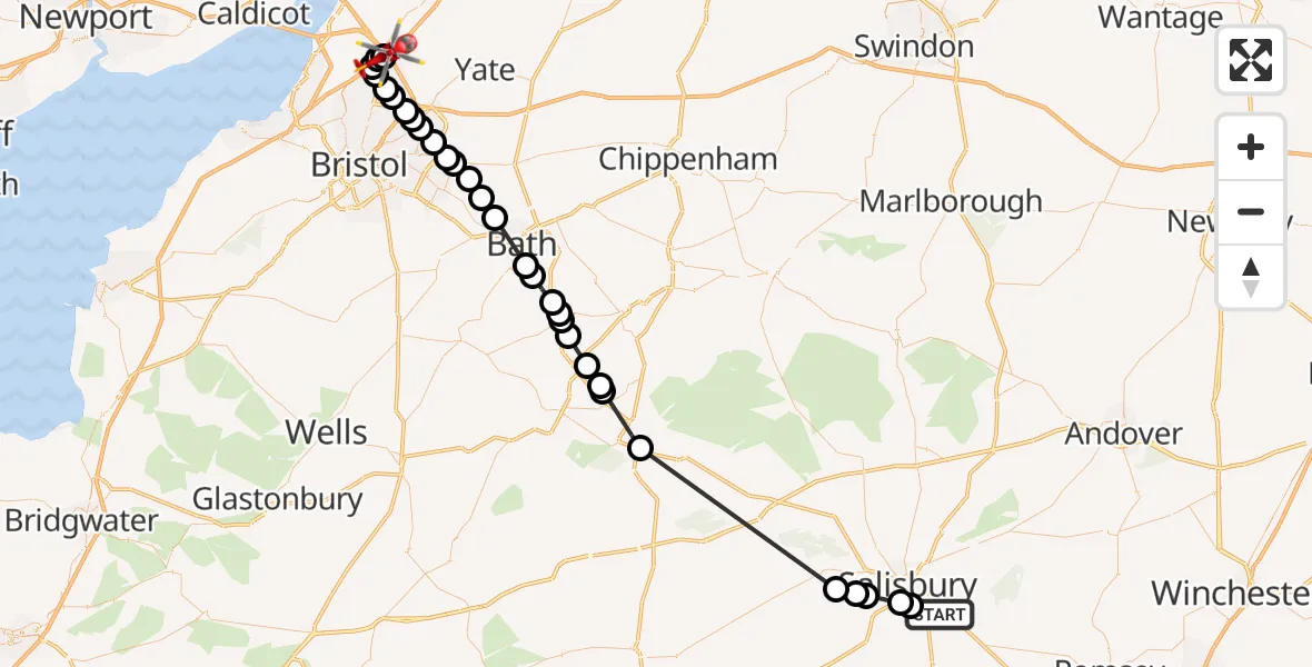 Flight route Air Ambulance Helicopter Alderbury - Almondsbury Helicopter Base, 09 May 2026, 17:25