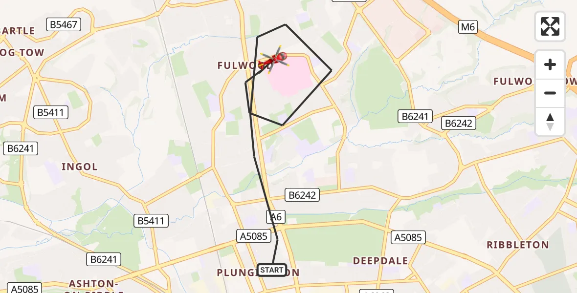 Flight route Air Ambulance Helicopter Preston - Preston, 09 May 2026, 17:32