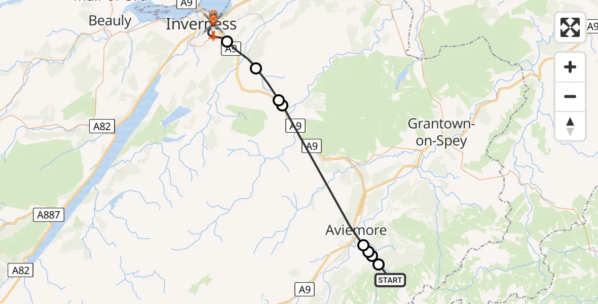 Flight route Coastguard Helicopter Rothiemurchus Lodge - Inverness, 09 May 2026, 17:51
