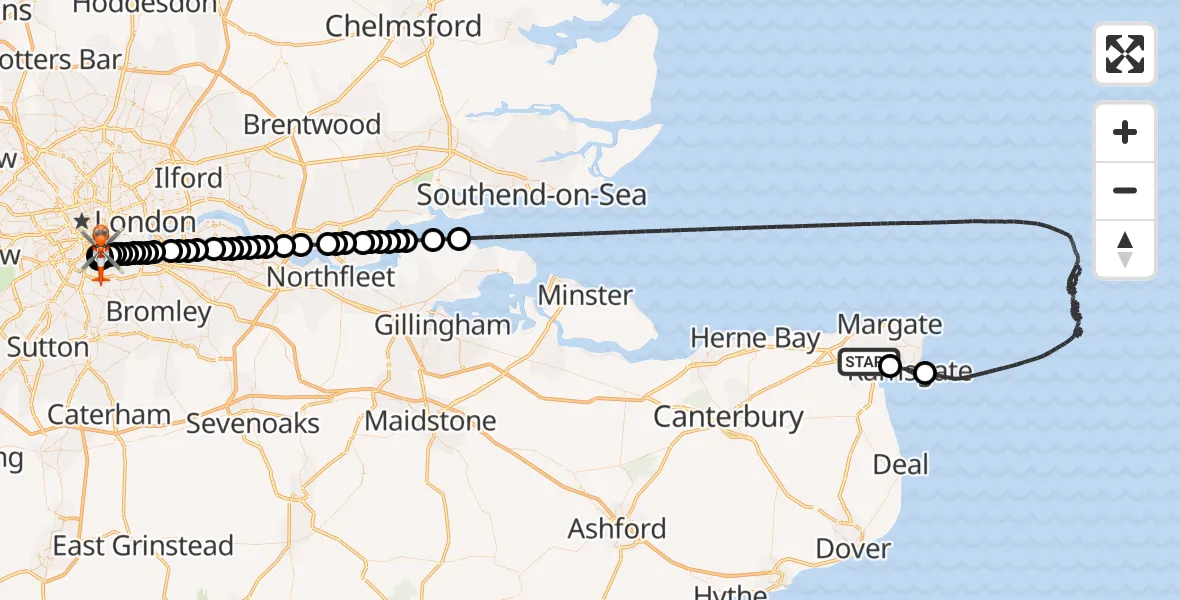 Flight route Coastguard Helicopter Manston Airport - Kings College London Hospital, 09 May 2026, 17:51
