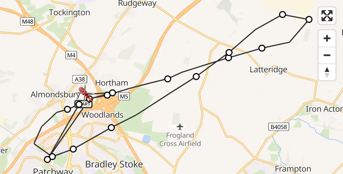Flight route Air Ambulance Helicopter Almondsbury Helicopter Base - Almondsbury Helicopter Base, 09 May 2026, 17:59