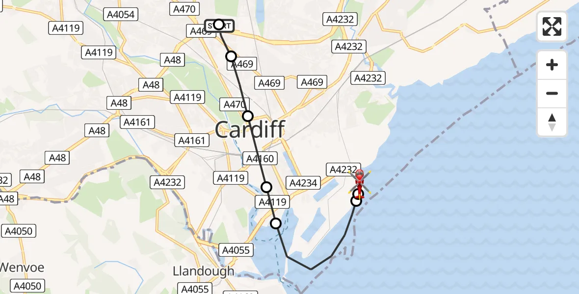 Flight route Air Ambulance Helicopter Birchgrove - Cardiff Heliport, 09 May 2026, 17:59