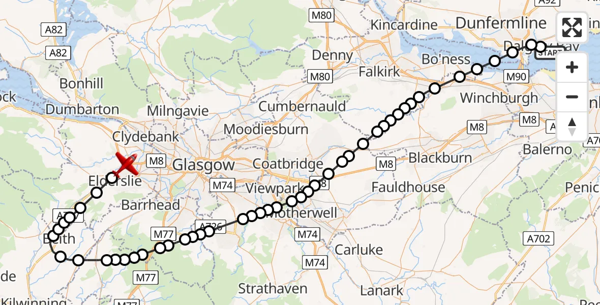 Flight route Air Ambulance Aircraft North Sea - Linwood, 09 May 2026, 18:07