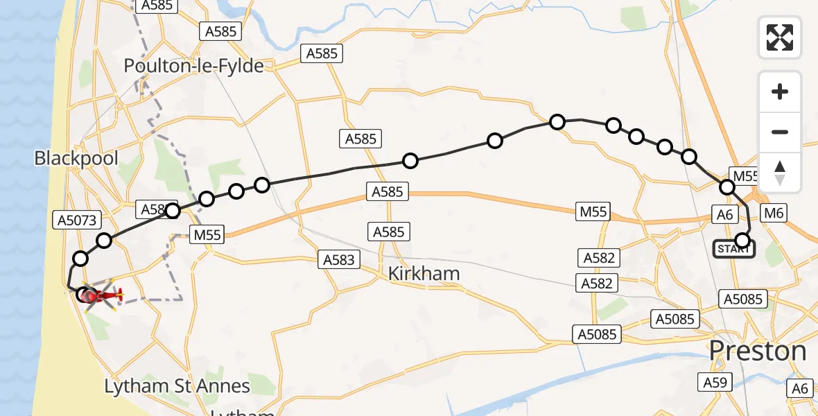 Flight route Air Ambulance Helicopter Royal Preston - Blackpool Airport, 09 May 2026, 18:10