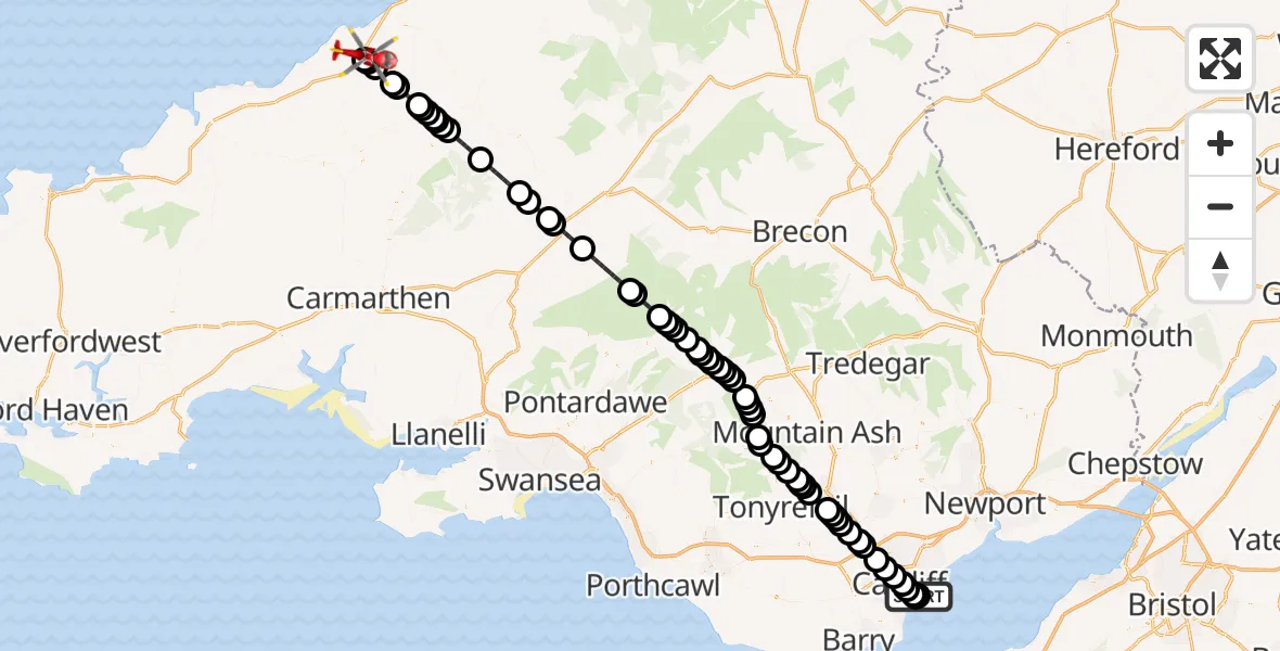 Flight route Air Ambulance Helicopter Cardiff Heliport - Synod Inn / Post Mawr, 09 May 2026, 18:14