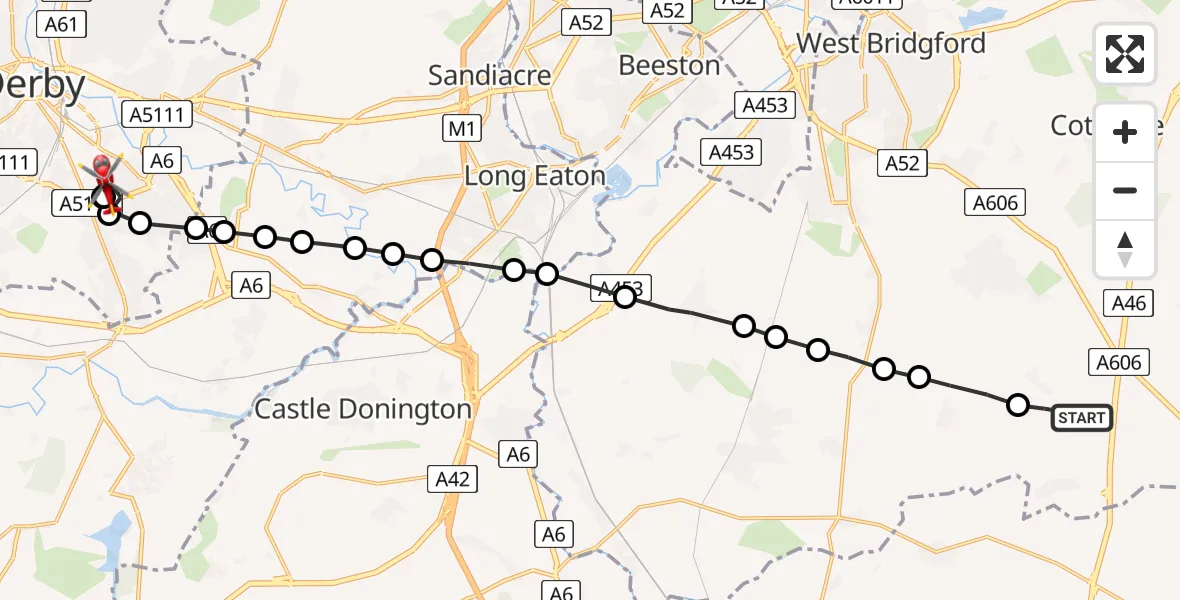 Flight route Air Ambulance Helicopter Widmerpool - Crewton, 09 May 2026, 18:25