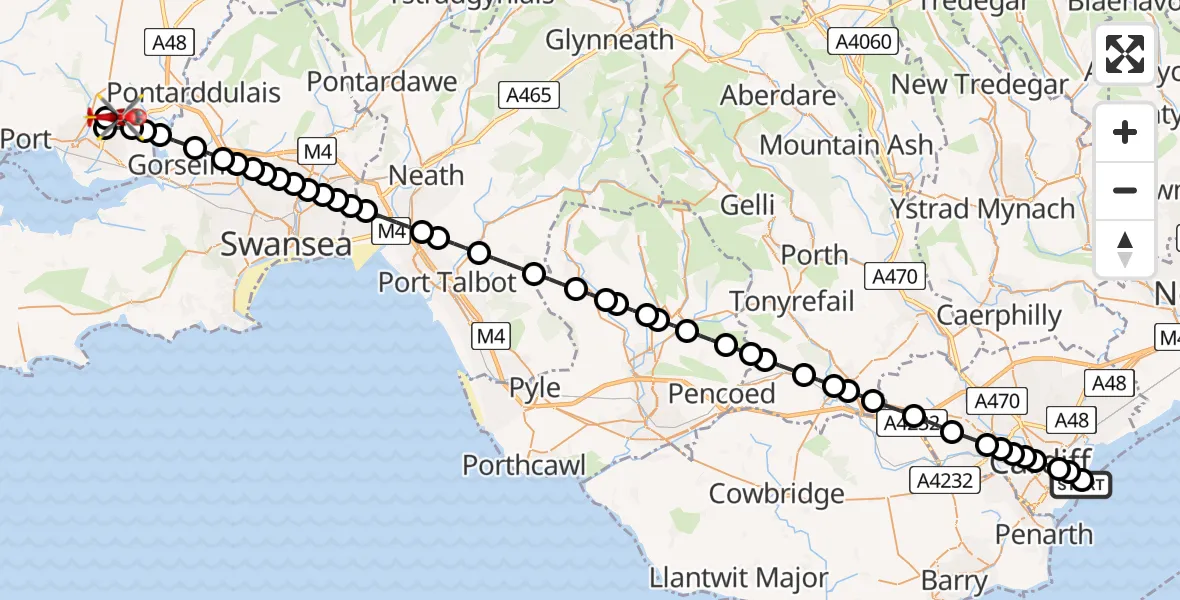 Flight route Air Ambulance Helicopter Cardiff Heliport - Dafen, 09 May 2026, 18:29