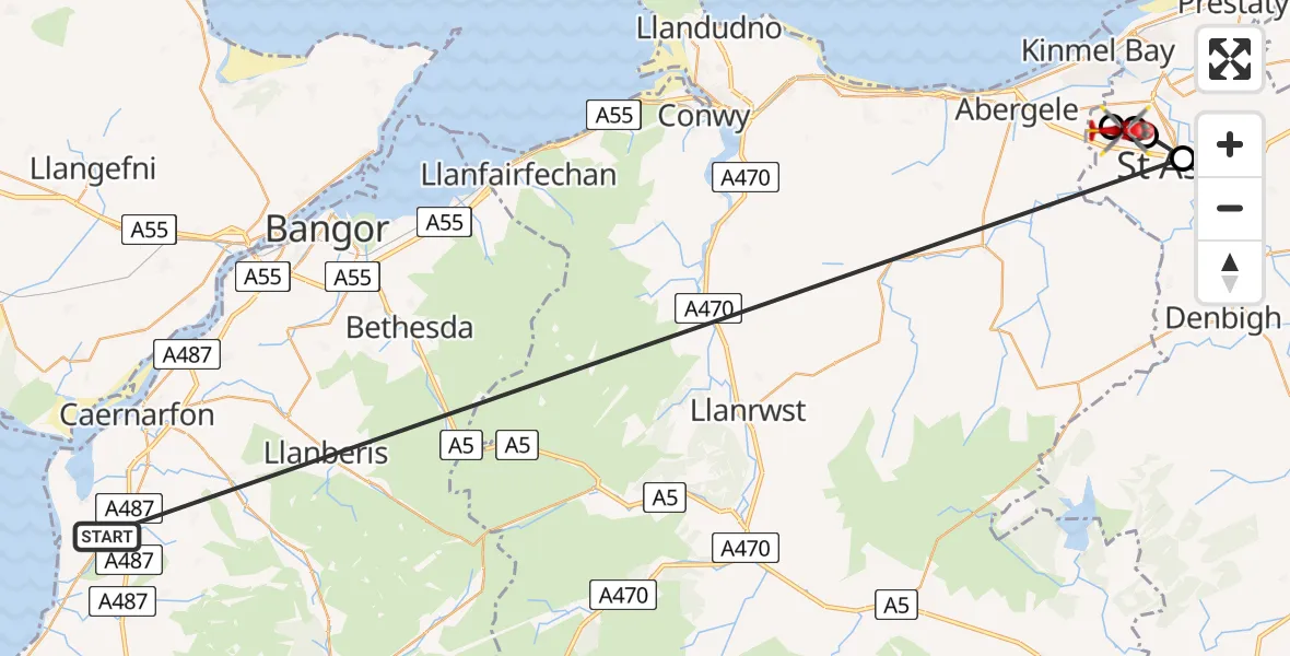 Flight route Air Ambulance Helicopter Y Groeslon - St Asaph, 09 May 2026, 18:38