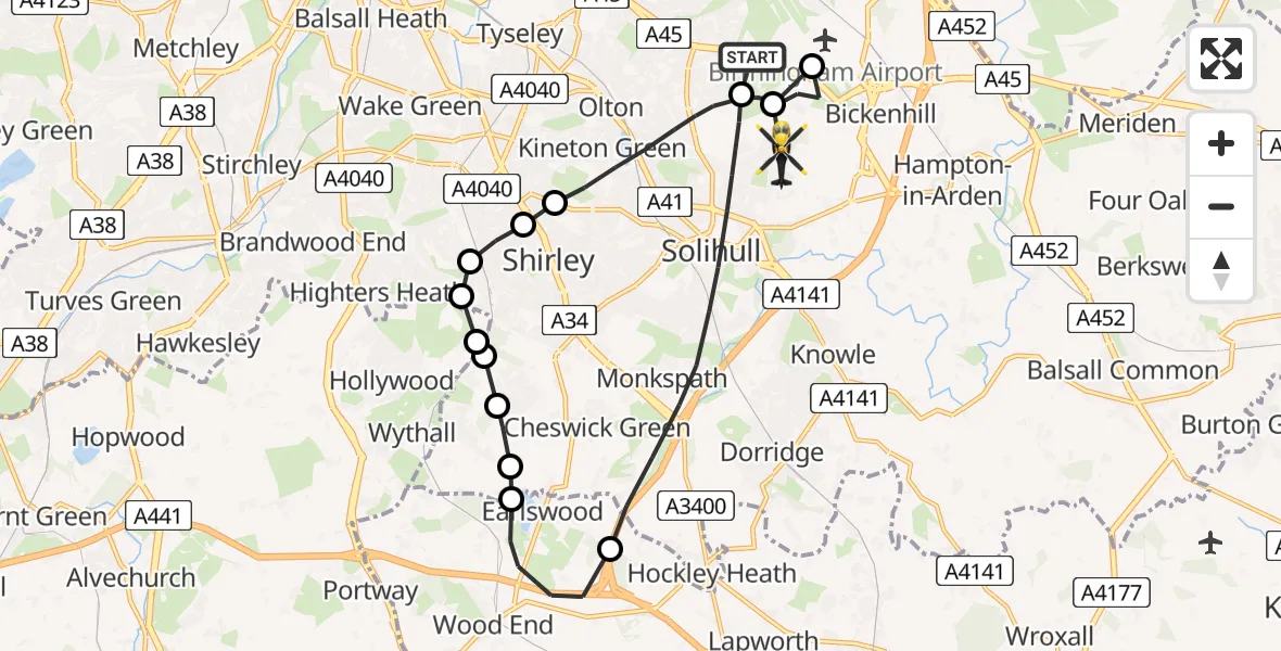 Flight route Police Helicopter Birmingham Airport - Solihull, 09 May 2026, 18:44