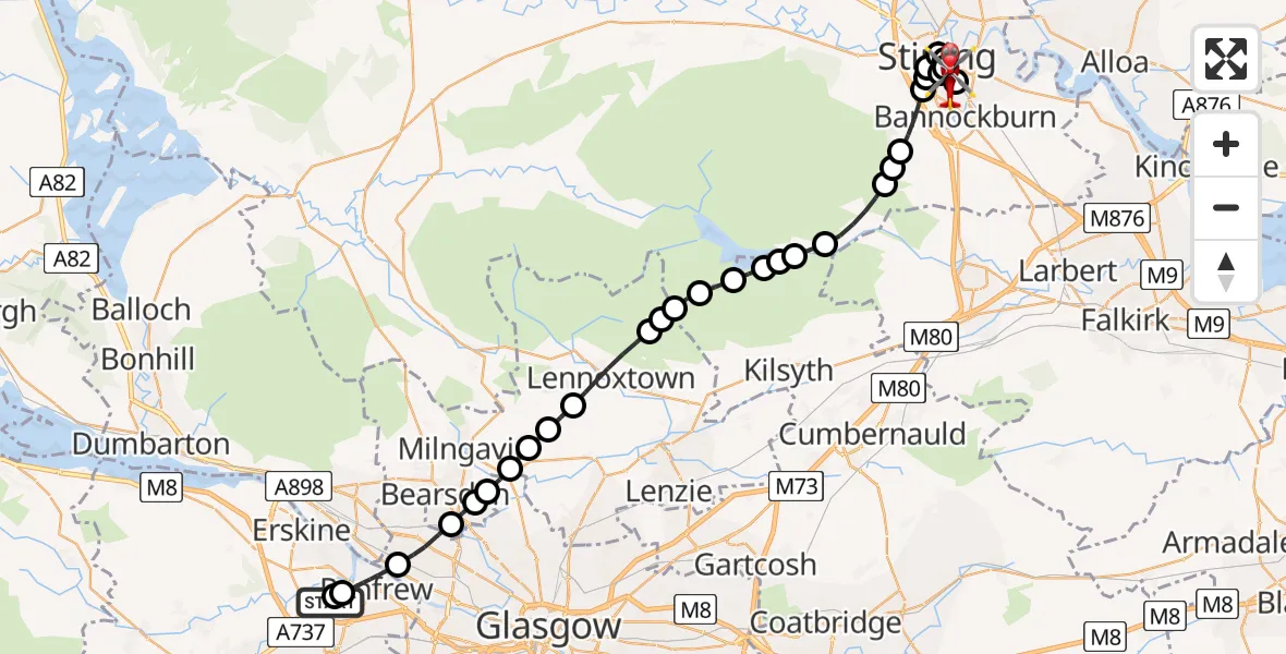 Flight route Air Ambulance Helicopter Glasgow Airport - Broomridge, 09 May 2026, 18:46
