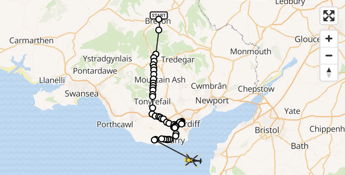 Flight route Police Helicopter Llanddew - Bristol Channel, 09 May 2026, 18:54