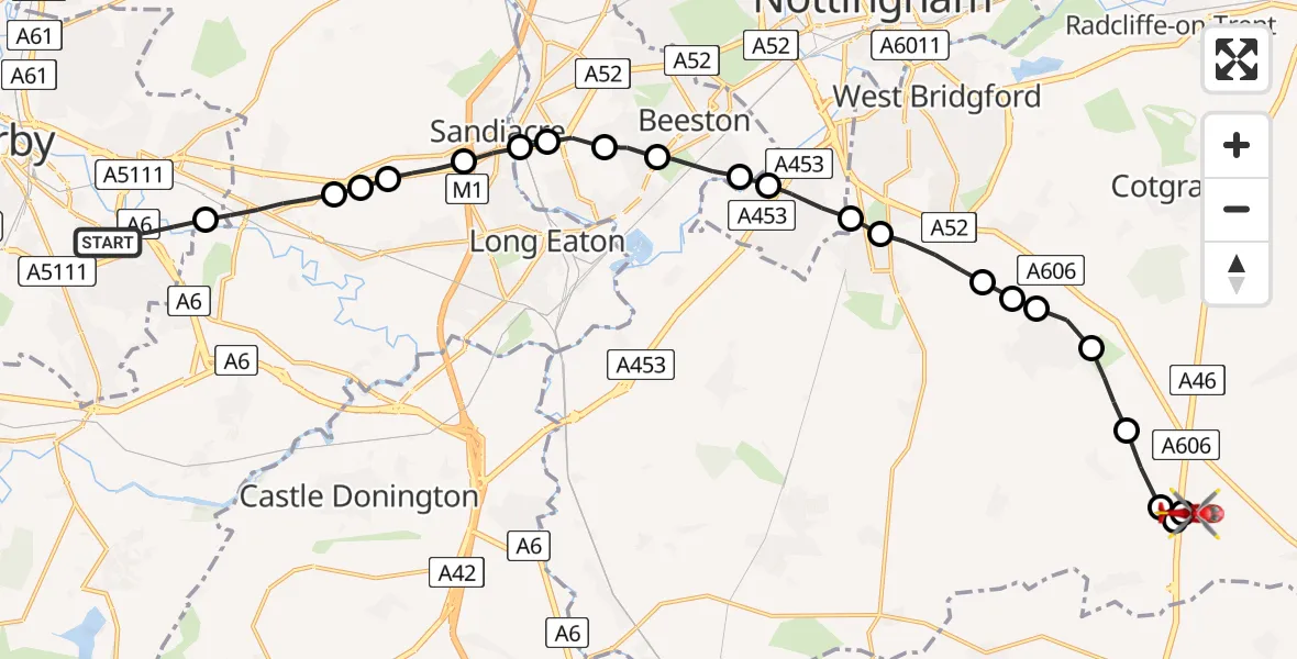 Flight route Air Ambulance Helicopter Alvaston - Nottingham Heliport, 09 May 2026, 19:14