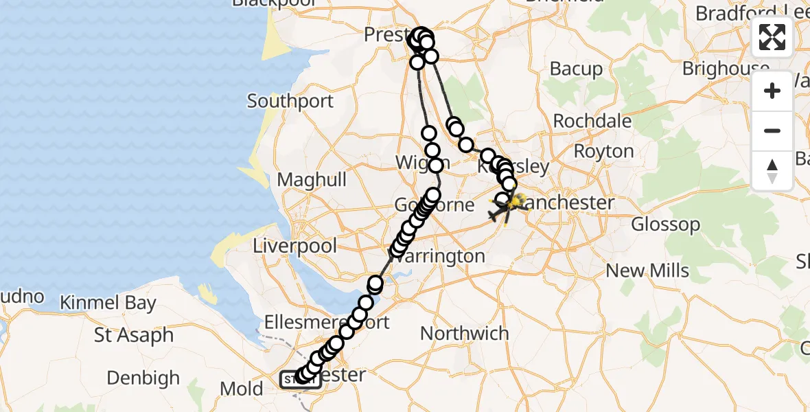 Flight route Police Helicopter Hawarden Airport - Manchester Barton Aerodrome, 09 May 2026, 19:24