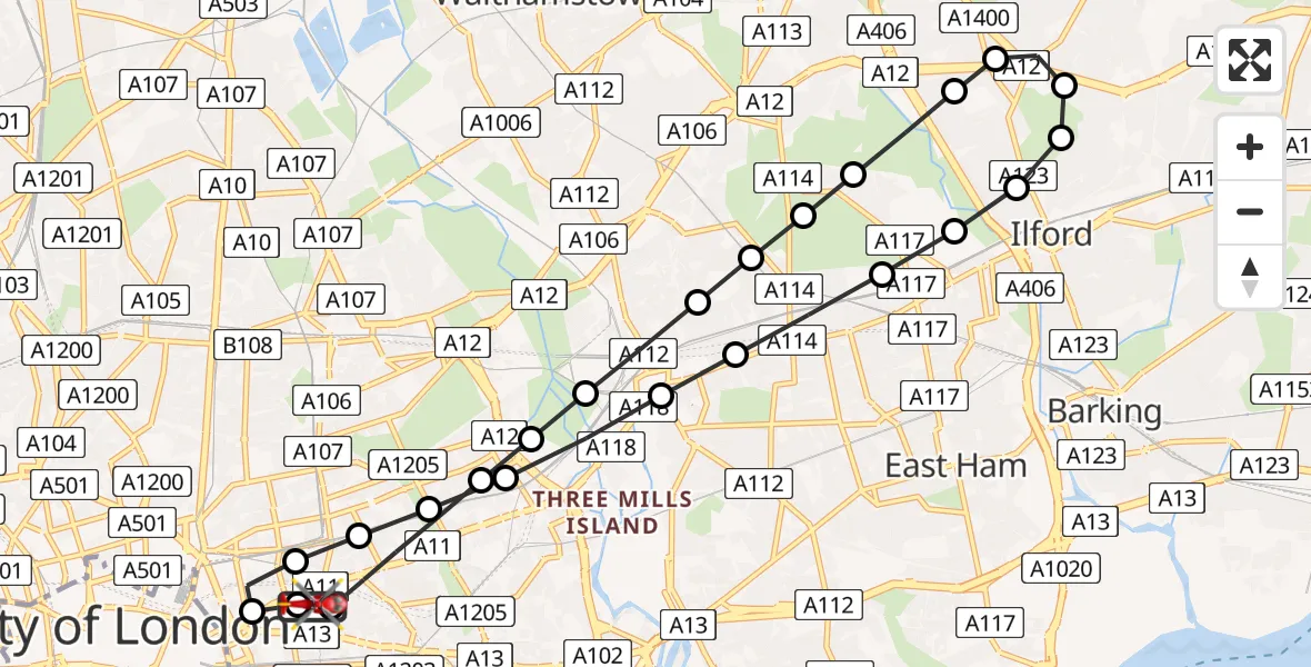 Flight route Air Ambulance Helicopter Royal London Hospital - Royal London Hospital, 09 May 2026, 19:28