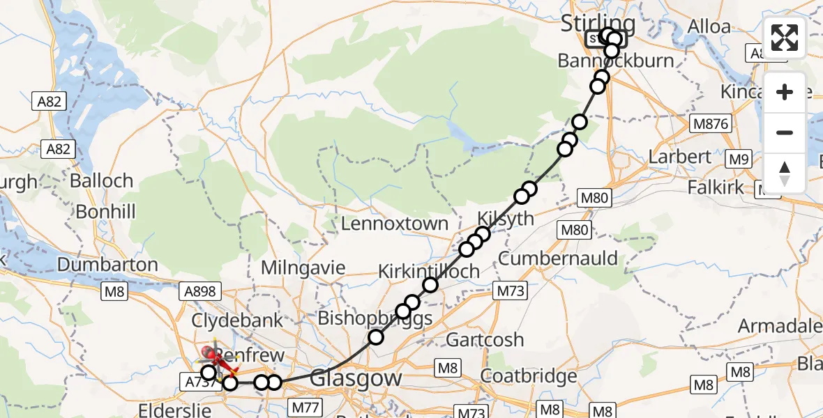 Flight route Air Ambulance Helicopter Braehead - Glasgow Airport, 09 May 2026, 19:31