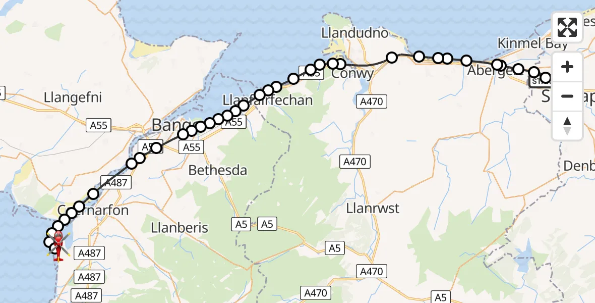 Flight route Air Ambulance Helicopter Ysbyty Glan Clywd Hospital Heliport - Caernarfon Airport, 09 May 2026, 19:31