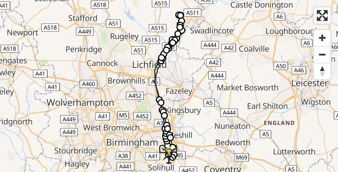 Flight route Police Helicopter Birmingham Airport - Solihull, 09 May 2026, 19:36