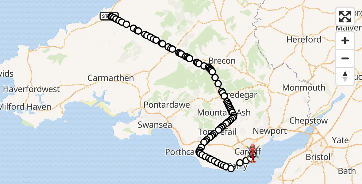 Flight route Air Ambulance Helicopter Synod Inn / Post Mawr - Cardiff Heliport, 09 May 2026, 19:40