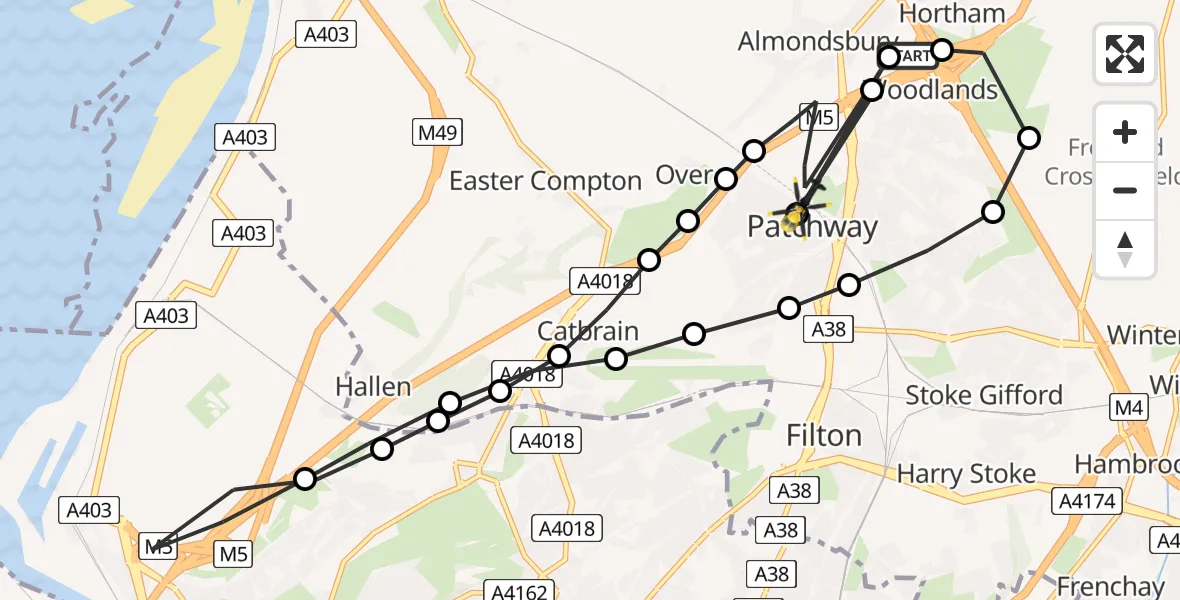Flight route Police Helicopter Almondsbury Helicopter Base - Almondsbury, 09 May 2026, 19:46