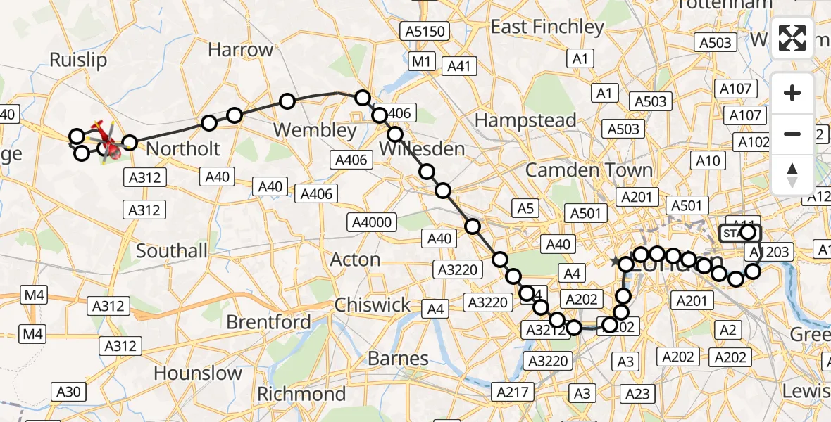 Flight route Air Ambulance Helicopter Royal London Hospital - RAF Northolt, 09 May 2026, 19:47