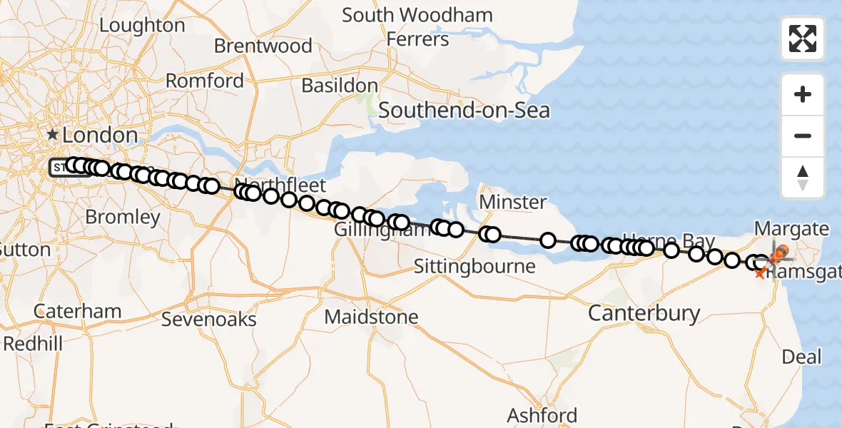 Flight route Coastguard Helicopter Kings College London Hospital - Manston Airport, 09 May 2026, 19:50