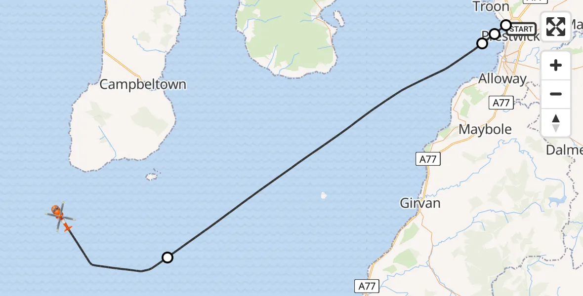 Flight route Coastguard Helicopter Glasgow Prestwick Airport - Irish Sea, 09 May 2026, 19:54