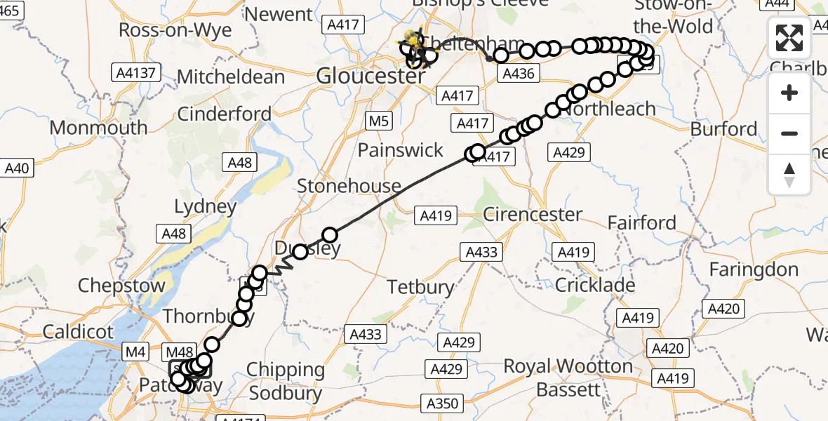 Flight route Police Helicopter Almondsbury Helicopter Base - Gloucestershire Airport, 09 May 2026, 19:57
