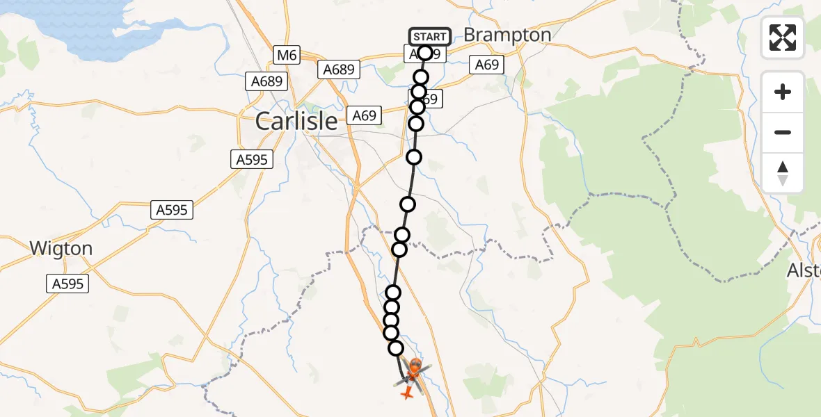 Flight route Coastguard Helicopter Carlisle Lake District Airport - Calthwaite, 09 May 2026, 20:01