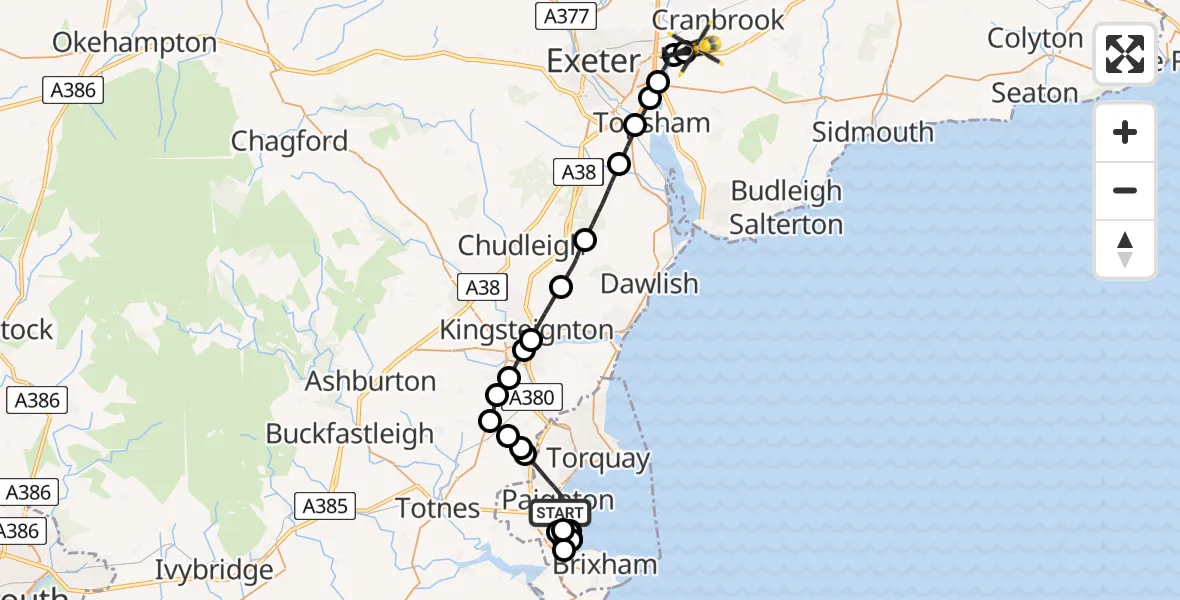 Flight route Police Helicopter Paignton - Exeter International Airport, 09 May 2026, 20:01