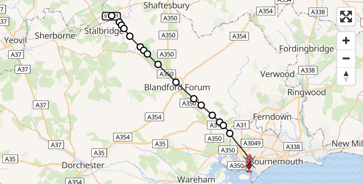 Flight route Air Ambulance Helicopter Henstridge Airfield - Poole, 09 May 2026, 20:04