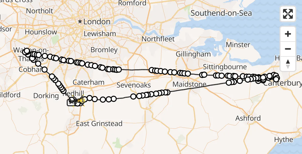 Flight route Police Helicopter Salfords - Redhill Aerodrome, 09 May 2026, 20:10