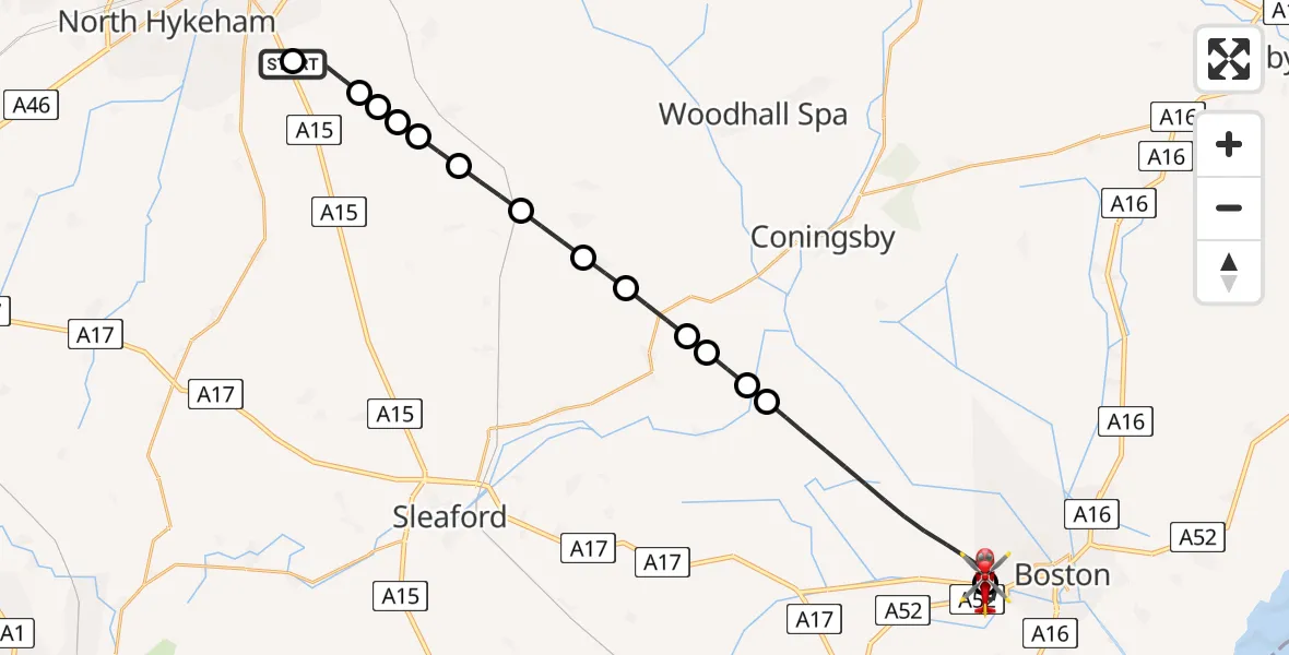 Flight route Air Ambulance Helicopter RAF Waddington - Boston Aerodrome, 09 May 2026, 20:15