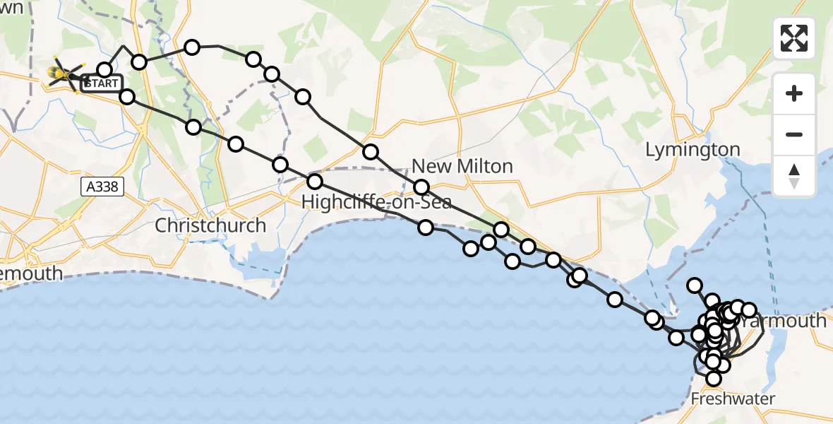 Flight route Police Helicopter Bournemouth Airport - Bournemouth Airport, 09 May 2026, 20:36